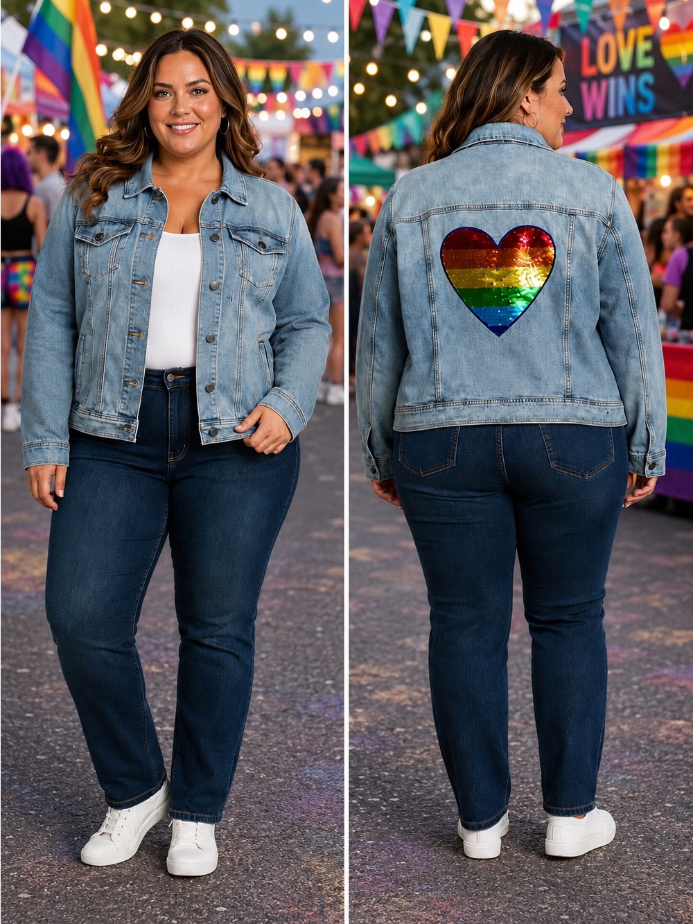 Lane Bryant Rainbow Sequin Heart Denim Jacket Size 16 Light Wash Pride Plus NWT